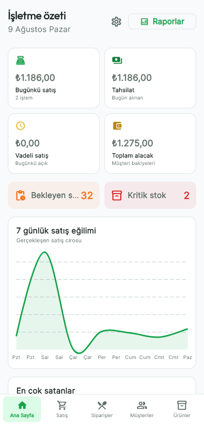 Serenut OS mobil işletme özeti ekranı